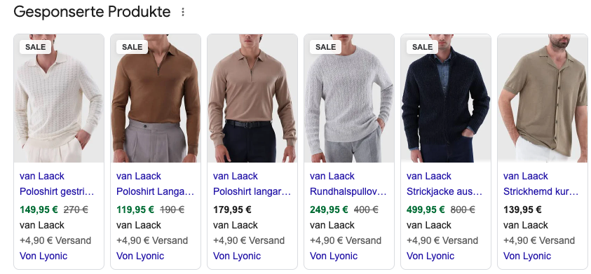 Shopping-Anzeigen über die Lyonic CSS: unter jedem Produkt steht 